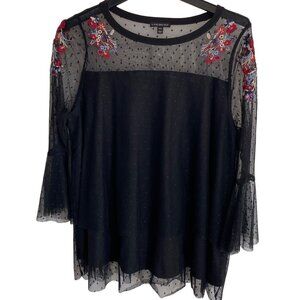 Lane Bryant Women's Black Sheer Swiss Dot Mesh Top With Floral Embroidery & Flar